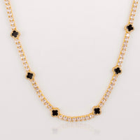 Iced Out Tennis Necklace with Black Clover Accents - Gold