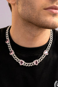 Pink Gemstones with Iced Out Cuban Chain Necklace_white gold